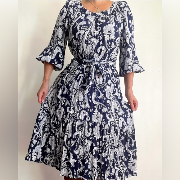 Fantastic Talbots Blue White Bohemian Dress High Low - Picture 5 of 8